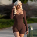 Coffee Women's Fashion Solid Slim Fit U Neck Long Sleeve Rompers Jumpsuit
