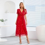Red Elegant Women's Embroidered Lace Mesh Wedding Skirt Sequins Midi Dress