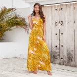 Yellow Women's New Bohemian Long Skirt Printed Sexy Strap Maxi Dress