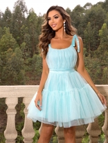 LightBlue Women's Mesh Temperament Braces Tutu Skirt Wedding Ball Gown Mini Dress