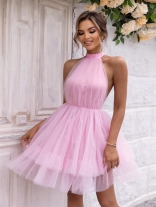 Pink Women's Evening Sexy Off Shoulder Mesh Bottom Skirts Elegant Mini Dress