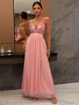 Pink Women's Strap Sequins Prom Wedding Fashion Prom Maxi Dress