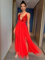 Red Women's Strap Sequins Prom Wedding Fashion Prom Maxi Dress