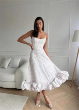 White Printed Women's Fashion Strap Large Hem A-line Skirt Evening Bodycon Maxi Dress