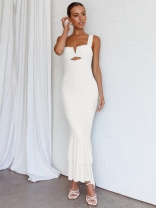 White Women's Strap Elegant Evening Mesh Pleated Formal Bodycon Midi Dresses