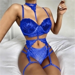 Blue Women's 3PCS Lace Straps Padded Sexy Erotic Nights Lingerie Brief Sets
