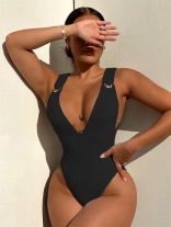 Black Women's One-piece Swimsuit Loop Sexy Solid Bikini Swimwear
