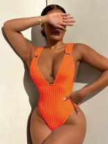 Orange Women's One-piece Swimsuit Loop Sexy Solid Bikini Swimwear