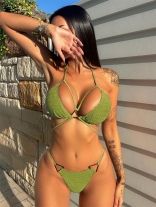 Green Women's Sexy Padded Bikini Triangle Trikini Metal Ring Swimwear