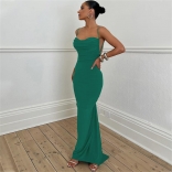 Green Women's Strap Sexy Backless Evening Party Pleated Long Dress