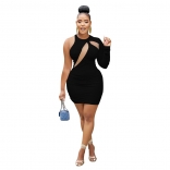 Black Women's Hollow-out Long Sleeve Sexy Bodycon Party Dress