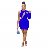 Blue Women's Hollow-out Long Sleeve Sexy Bodycon Party Dress