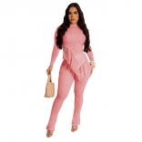 Pink Long Sleeve Women's Knitted Cotton Tassels Bodycon Sexy Jumpsuit Sets