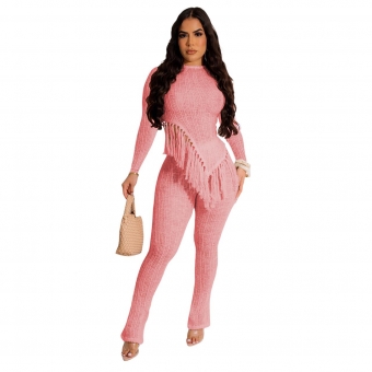 Pink Long Sleeve Women's Knitted Cotton Tassels Bodycon Sexy Jumpsuit Sets