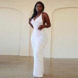 White Halter V-Neck Pleated Bodycon Sexy Party Long Dress