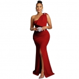 Red Women's Oblique Shoulder Sexy Irregular Party Evening Prom Long Dress