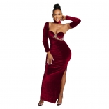 Red Long Sleeve Hollow-out Velvet Bodycon Women Prom Evening Long Dress
