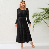 Black Women's Sexy Slim Fit Lace Hollow-out Belt Skirt Perspective Prom Midi Dress