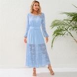 Blue Women's Sexy Slim Fit Lace Hollow-out Belt Skirt Perspective Prom Midi Dress