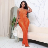 Orange Women's Straps Loose Smoothy Pleated Casual Two Piece Bodycon Jumpsuits