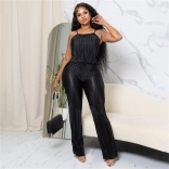 Black Women's Straps Loose Smoothy Pleated Casual Two Piece Bodycon Jumpsuits