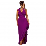 Purple Women's Swing Hanging Neck Sexy Ruffled Bodycon Maxi Dress