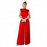Red Women's Sleeveless Wideleg Pants Solid High Collar Bodycon Sexy Jumpsuit