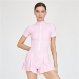 Pink Women's Sexy Skirt Bodysuit Ladies Round Neck Short Sleeve Rompers