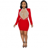 Red Women's Long Sleeve Sexy Rhinestones Mesh Perspective Pearls Bodycn Dress