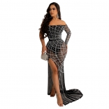 Black Off-Shoulder Boat-Neck Mesh Rhinestone Sexy Evening Long Dress