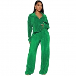 Green Long Sleeve Short Top Long Sleeve Pleated Sexy Casual Jumosuit Set