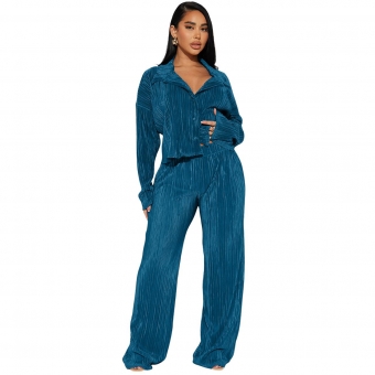 Blue Long Sleeve Short Top Long Sleeve Pleated Sexy Casual Jumosuit Set