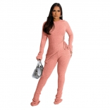 Pink Long Sleeve Irregular Knitted Thread Hollow Casual Jumpsuit Dress Set