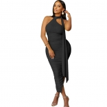 Black Women's Sexy Tight Pleated Sexy Sleeveless Irregular Midi Dress
