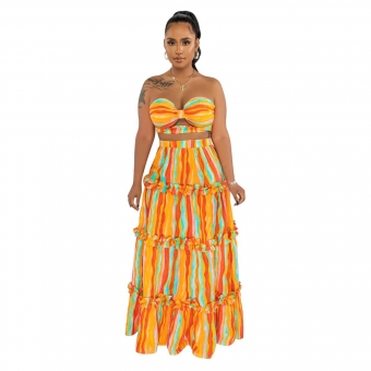 Orange Fashion Women's Straps Sleeveless Stripe Printed Long Dress Two Piece Set