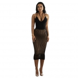 Black Women's Sexy Strap Naked Back One Piece Top Hollow Knitted Skirt Set Dress