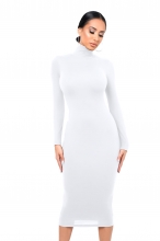White Women's Fashion Turtle Neck Long Sleeve Bodycon Party Midi Dress