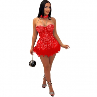Red Women's Sexy Mesh Rhinestone Pearls Perspective Nightclub Jumpsuit Feather