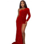 Red Women's Sexy Tight One Shoulder Long Sleeve Beaded Flare Sequin Mini Dress