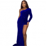 Blue Women's Sexy Tight One Shoulder Long Sleeve Beaded Flare Sequin Mini Dress