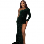 Green Women's Sexy Tight One Shoulder Long Sleeve Beaded Flare Sequin Mini Dress
