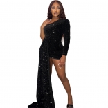 BLack Women's Sexy Tight One Shoulder Long Sleeve Beaded Flare Sequin Mini Dress