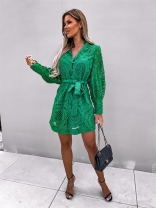 Green Women's Lace Cut Out Versatile Casual Lace Up Fashion Long Skirt Dress