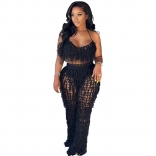 Black Sexy Perspective Knitted Hand Hook Tassel Jumpsuit Two Pieces Set