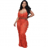 Orange Sexy Perspective Knitted Hand Hook Tassel Jumpsuit Two Pieces Set