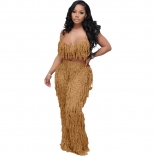 Khaki Sexy Perspective Knitted Hand Hook Tassel Jumpsuit Two Pieces Set