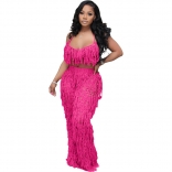 RoseRed Sexy Perspective Knitted Hand Hook Tassel Jumpsuit Two Pieces Set