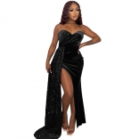 Black Women's Sexy Nightclub Party Sequin Patched Chest Wrap Long Dress