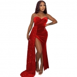 Red Women's Sexy Nightclub Party Sequin Patched Chest Wrap Long Dress