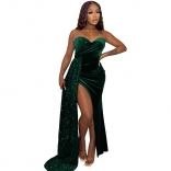 Green Women's Sexy Nightclub Party Sequin Patched Chest Wrap Long Dress